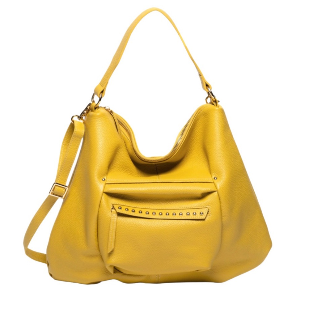 ☀️ Laggo Joyce Crossbody Hobo Bag Blue Pebbled Leather Studded Gold Hardware